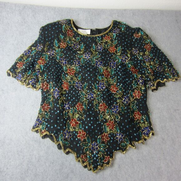 Lawrence Kazar Top Adult Women Beaded Floral  Short Sleeve Blouse Silk 2X Plus - Picture 1 of 16